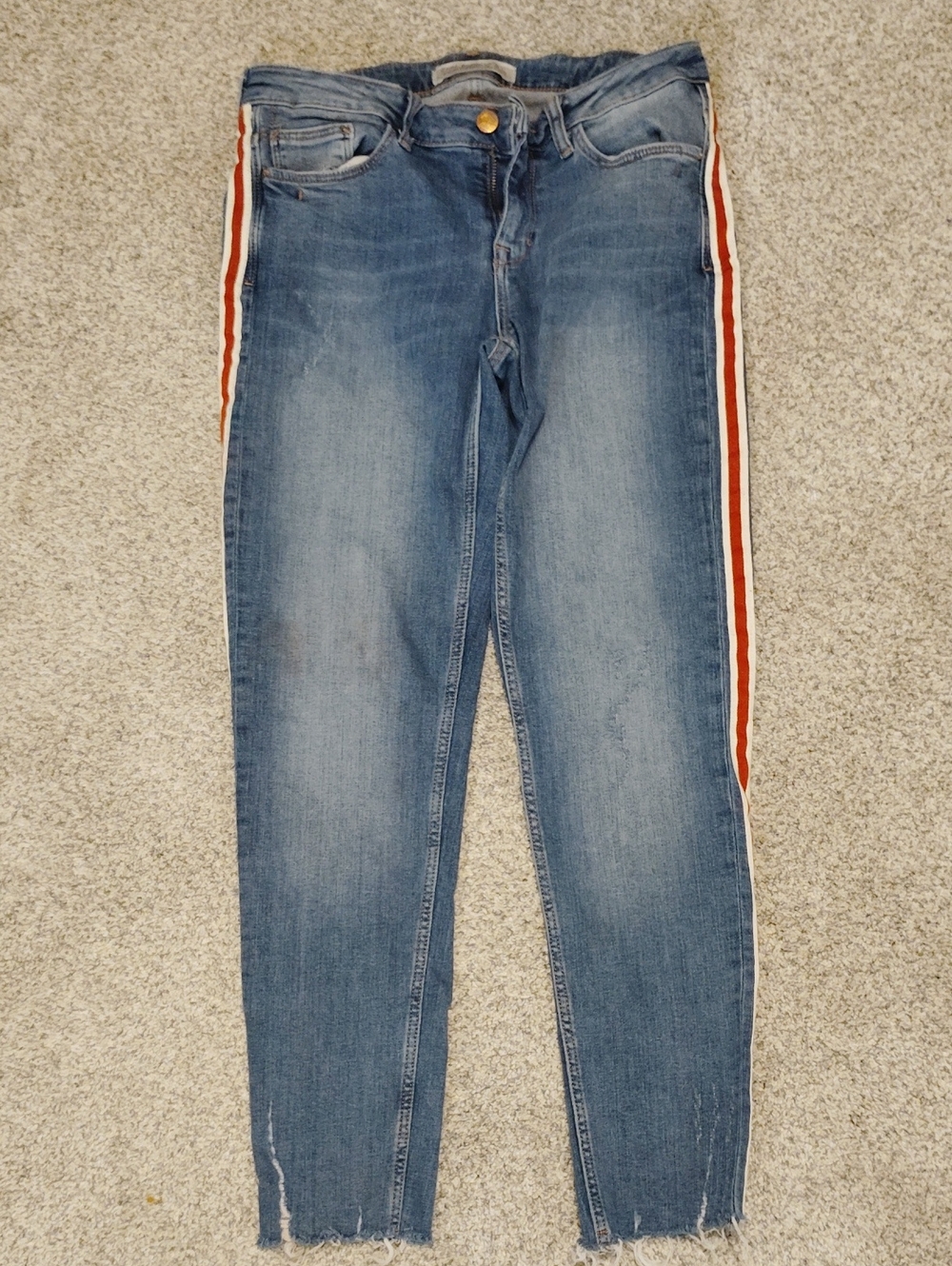 Zara Skinny Blue Jeans with Red & White Side Stripes